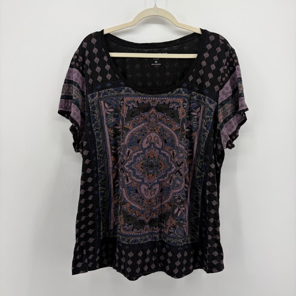 Lucky Brand Womens 3X Black Purple Medallion Print Short Sleeve Scoop Neck Top
